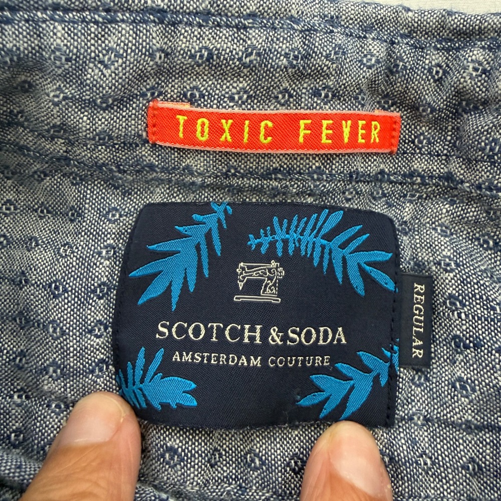 Scotch & Soda Mens XXL Linen Blue Micro Print Short Sleeve Button Down Shirt - Picture 7 of 12